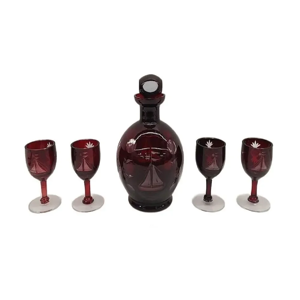 Mid Century Bohemia Cut to Clear Ruby Red Stemmed Cordial Decanter Set